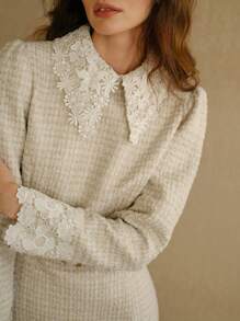 MOTF STUDIO TWEED CONTRAST GUIPURE LACE PANEL BUCKLE BELTED SHORT DRESS