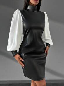 EURMUSE WOMAN BLACK LEATHER MINI DRESS WITH WHITE SLEEVES - Black - View 1