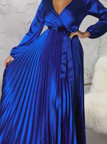 Women's Solid Color Deep V-Neck Belted Pleated Long Sleeve Elegant Dress, Summer Spring - Màu xanh lam - Xem 5