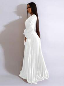 Đầm xếp ly mùa hè tay dài cổ chữ V sâu cho nữ cạp cao - trắng - Xem 5