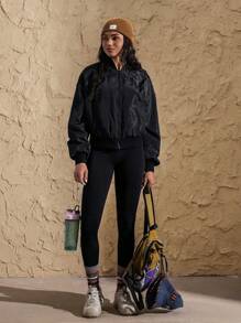 VARSITIE 羊毛黑色宽松休闲拉链长袖女式运动夹克 - 黑色 - 查看 4