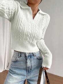 SHEIN Unity Women Solid Color Long Sleeve V-Collar Casual Pullover Sweater, Autumn/Winter Knit Pullover Fall - White - View 7