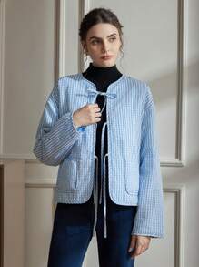 Femmeiva French Picnic Blue & White Plaid Tie Front Cardigan,Ellegant Light Blue Tea Party Winter Jacket For Women,Padded Synthetic Insulation Fall Clothes - Blue - View 3