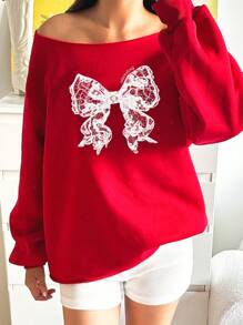 SHEIN EZwear Áo nỉ dày in ren nơ trễ vai rộng rãi thoải mái cho Giáng sinh - Đỏ - Xem 5