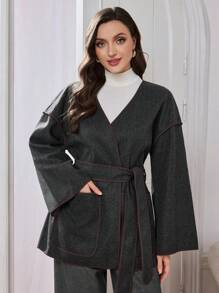 Seusyu 复古硬币压花长袖短夹克，高端品质，收腰设计，2024 年秋冬 - 灰色 - 查看 1