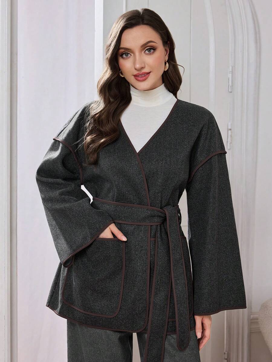 Seusyu 复古硬币压花长袖短夹克，高端品质，收腰设计，2024 年秋冬 - 灰色 - 查看 1