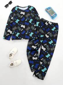 Conjunto de pijama de manga larga con estampado de controlador de videojuegos y pantalones cómodo para niño preadolescente, otoño