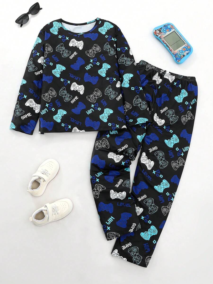 Conjunto de pijama de manga larga con estampado de controlador de videojuegos y pantalones cómodo para niño preadolescente, otoño