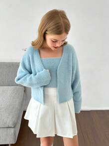 Tween Girls Knitted Solid Color Camisole With Long Sleeve Cardigan, Casual Autumn/Winter Outfit - Blue - View 6