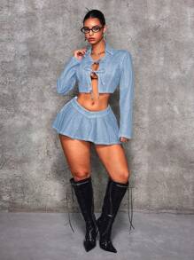 SHEIN ICON Women's Solid Color Pleated Zipper Sexy Denim Mini Skirt - Light Wash - View 7