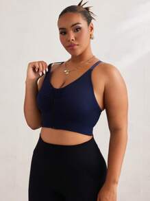 Easithlete Plus Size Women's Minimalist Solid Color Front Zip Sports Bra - Navy Blue - View 5