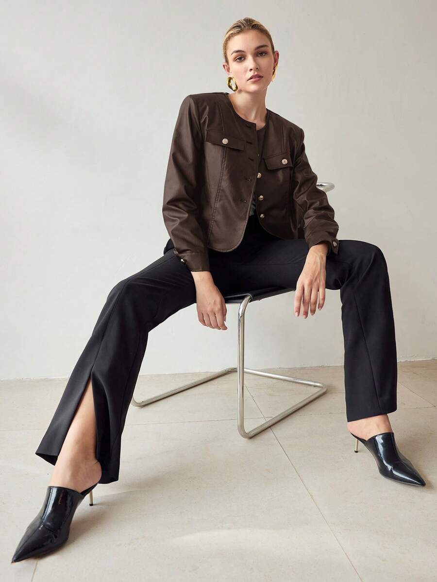 MOTF PREMIUM PU LEATHER FLAP DETAIL SINGLE BREASTED PLACKET JACKET - Brown - View 1