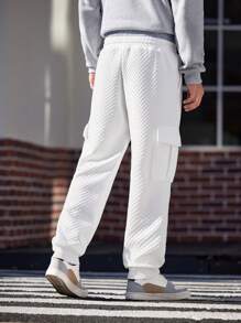 Manfinity Homme Men's Casual Minimalist Solid-Color Diamond Textured Fabric Flap Pocket Cargo Sweatpants, Long Vacation Baggy Drawstring Sweatpants, For Husband, Boyfriend Gifts