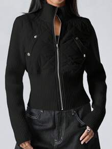 LYSMO Women's Casual Solid Color Stand Collar Padded Coat, Autumn/Winter - Black - View 1