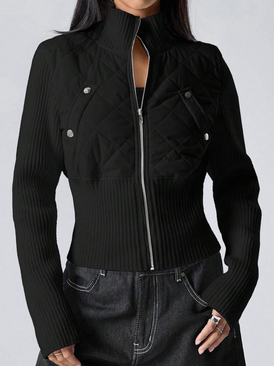 LYSMO Women's Casual Solid Color Stand Collar Padded Coat, Autumn/Winter - Black - View 1