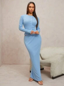 SHEIN SXY 休闲优雅简约长袖两件套，蓝色不对称纽扣衬衫和低腰长裙 - 藍色 - 查看 5