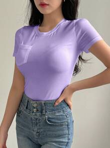 DAZY Tricou elegant pentru femei, cu guler rotund, mânecă scurtă, buzunar, casual - Violet - Vizualizare 3
