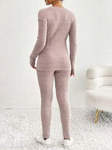 SHEIN Conjunto de 2 piezas de top de lactancia de manga larga de punto nervado y pantalones pitillo de maternidad, informal para otoño/invierno