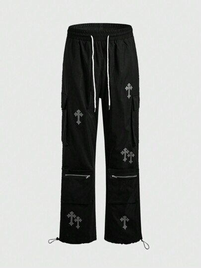 Street Life Men's Cross Print Drawstring Waist Cargo Pocket Straight Leg Loose Casual Pants