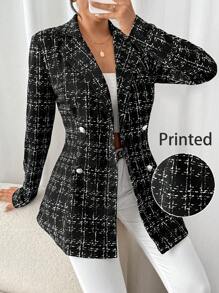 SHEIN Frenchy 格纹双排扣印花西装外套，小香风印花纽扣前襟西装外套，办公室西装外套，秋季女装，冬季女装内外翻领，通勤冬季外套 - 黑色 - 查看 1