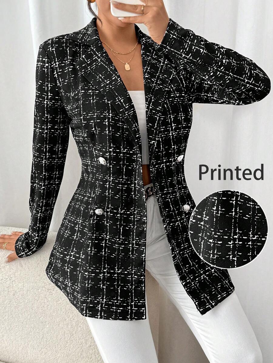 SHEIN Frenchy 格纹双排扣印花西装外套，小香风印花纽扣前襟西装外套，办公室西装外套，秋季女装，冬季女装内外翻领，通勤冬季外套 - 黑色 - 查看 1