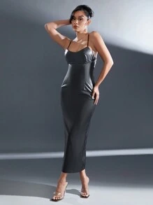 Hauture Váy Giáng sinh mini bodycon giả da màu đen dành cho nữ - màu đen - Xem 7