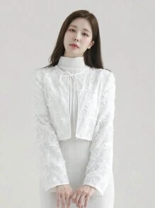 DAZY 1 pieza Cárdigan de mujer de manga larga con textura y estampado floral para otoño - Blanco - Ver 2