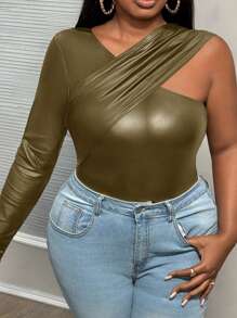 Slaydiva Áo bó vai xếp ly PU gợi cảm & thanh lịch cỡ lớn cho nữ, mùa đông - xanh quân đội - Xem 3