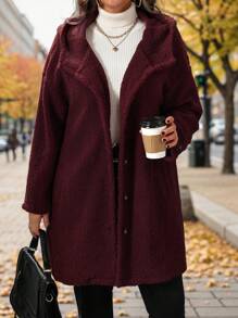 SHEIN LUNE Plus Size Women Solid Color Raglan Long Sleeve Hooded Coat, Autumn/Winter - Burgundy - View 5