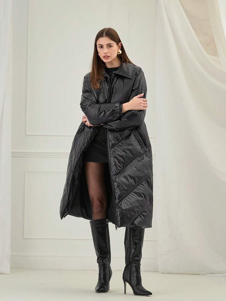 Enchnt Women's Winter Color-Blocked Long Fur Collar Spliced