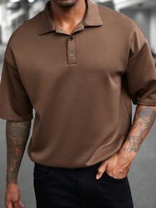 Manfinity Homme Men Fall Coffee-Brown Basic Fashion Versatile Collar Polo Shirt, For Husband, For Going Out - Coffee Brown - View 2