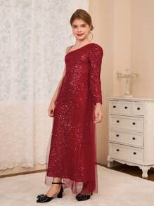 Girl's Slim Fit One Shoulder Long Sleeve Sequin And Mesh Dress, Suitable For Wedding, Christmas, Halloween, Thanksgiving Celebration, Birthday Party, Gala - Burgundy - View 3