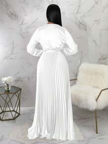 Đầm xếp ly mùa hè tay dài cổ chữ V sâu cho nữ cạp cao - trắng - Xem 4