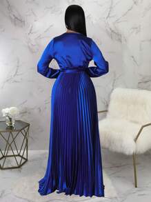 Women's Solid Color Deep V-Neck Belted Pleated Long Sleeve Elegant Dress, Summer Spring - Màu xanh lam - Xem 4