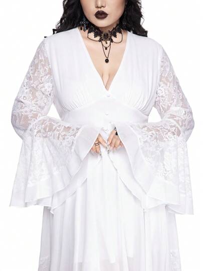 Goth Plus Size Gothic Style Deep V-Neck Bell Sleeve Asymmetrical Hem Contrast Lace Cinched Waist Dress