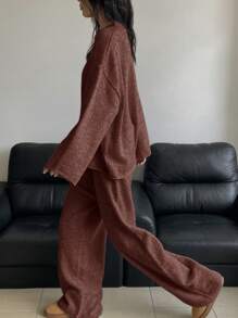 DAZY 2pcs Women Solid Color Loose Knit Sweater And Pants Set,Fall Clothes - Brown - View 5