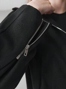 Ontre 2025年春季新款女装，O型设计法式黑色领冬季女士外套，38%羊毛粗花呢面料，O型廓形女式夹克，翻领拉链设计 - 黑色 - 查看 4