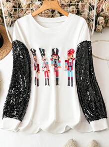 SHEIN LUNE Sudadera informal de talla grande con estampado de cascanueces de parches y lentejuelas en contraste para otoño, jersey de punto para el otoño - Blanco y Negro - Ver 1