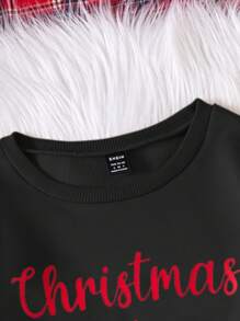 圣诞节配套家庭装 - 女士/女孩羊毛圆领运动衫，带有节日图案印花：圣诞树、拐杖糖、星星、雪花、铃铛、舒适休闲保暖 - 黑色 - 查看 7