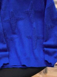 Suéter azul de cuello redondo con efecto de jacquard casual para niño preadolescente, adecuado para otoño, primavera e invierno, apropiado para juegos al aire libre, escuela, fotografía callejera, fiestas y ocio, alta relación calidad-precio