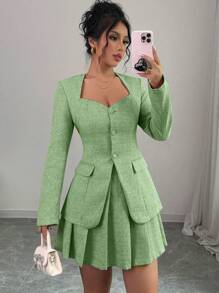 Chiquease 女士 V 领粉色修身西装外套 + 百褶裙套装，秋季 - 綠色 - 查看 1