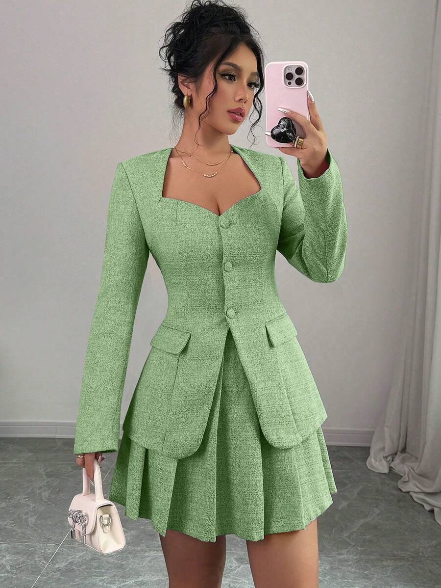 Chiquease 女士 V 领粉色修身西装外套 + 百褶裙套装，秋季 - 綠色 - 查看 1