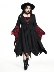 ROMWE Goth Đầm ôm body tay cánh dơi họa tiết đầu lâu Giáng sinh cỡ lớn ren màu tương phản viền bất đối xứng - màu đen - Xem 1