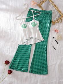 Conjunto de disfraz para adolescentes que incluye top de camisola de bajo y alto + pantalones con estampado de escamas de pez - Verde - Ver 1