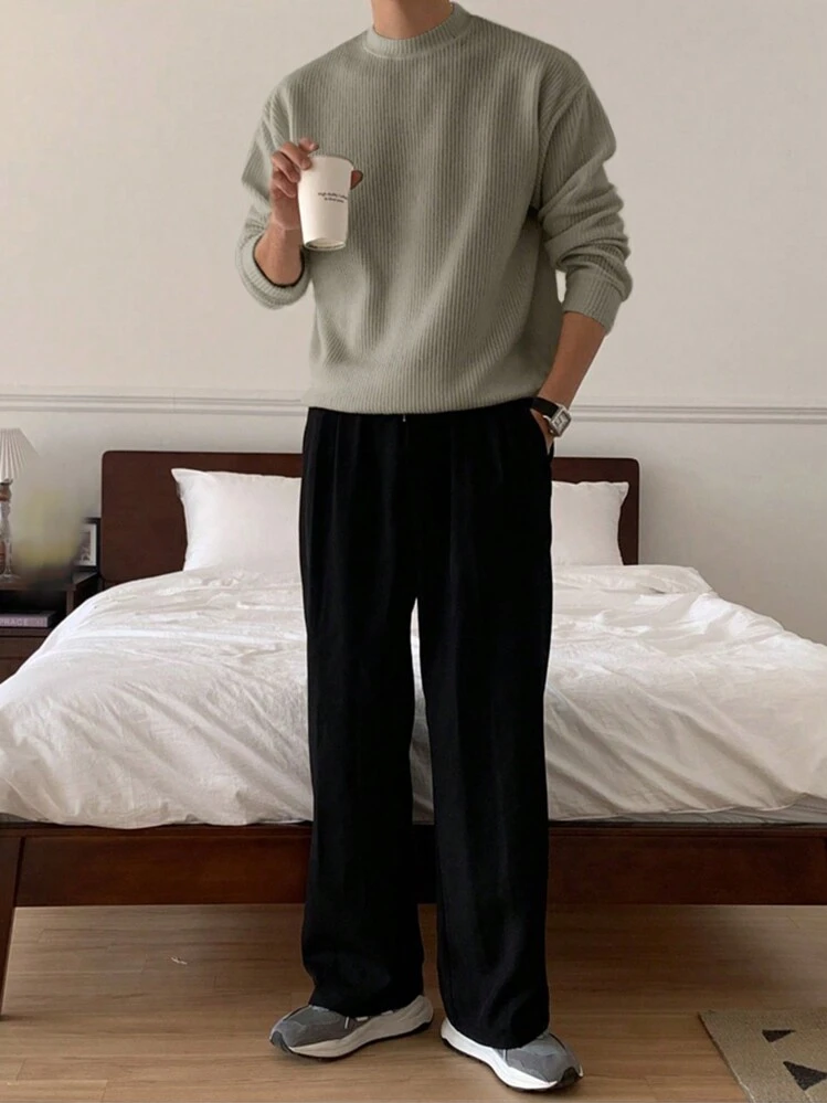 DAZY Suéter Casual de Gola Redonda de Manga Longa em Cor Sólida para Homens, Outono - Verde - Visão 3