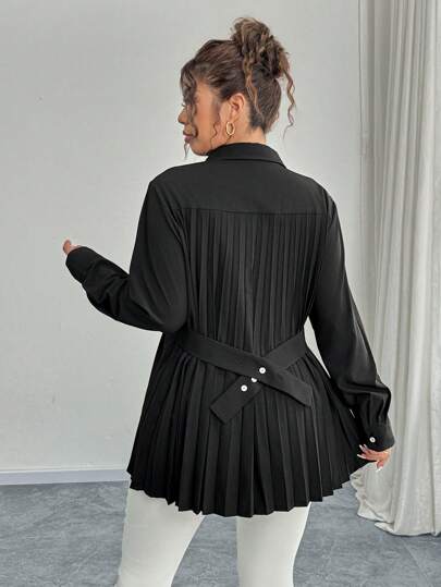 Elenzga 优雅黑色腰部褶皱衬衫，适合职场、秋冬季