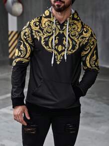 Manfinity LEGND Sudadera con capucha de manga larga de estilo callejero con gráfico de planta y bolsillo tipo canguro con cordón, ideal para salir, regalo para amigos, esposo, novio