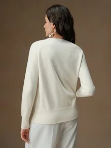 Anewsta Women Elegant Flower Embroidered Raglan Sleeve Casual Sweater Knit Pullover Fall Winter - White - View 2