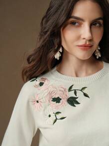 Anewsta Women Elegant Flower Embroidered Raglan Sleeve Casual Sweater Knit Pullover Fall Winter - White - View 3