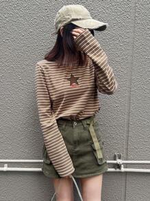 FRIFUL Camiseta casual de ajuste delgado con rayas y bordado de estrellas para mujer, otoño